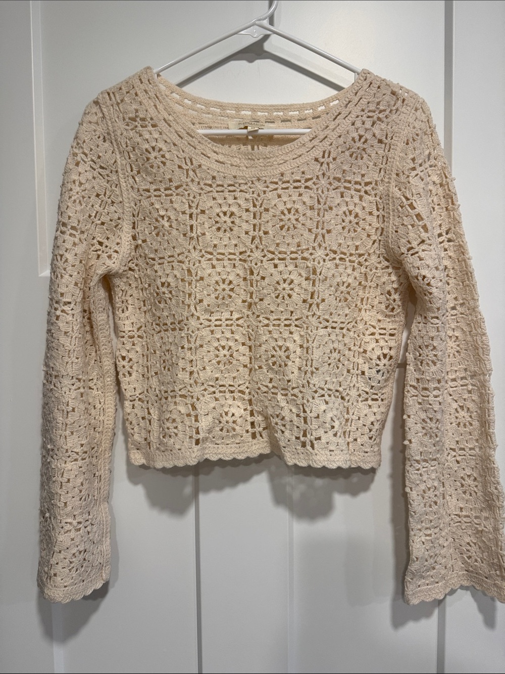 Rebellion XS Cream Crochet Knit Cropped Sweater Cottagecore